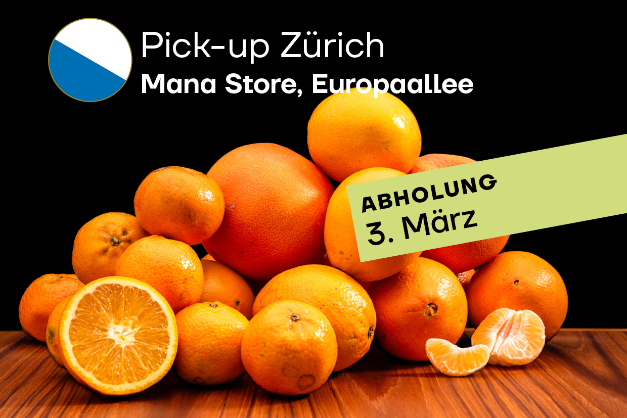 2kg Grapefruits, 2kg Orangen, 1kg Mandarinen pro Kiste<br>Abholung im MANA Zürich